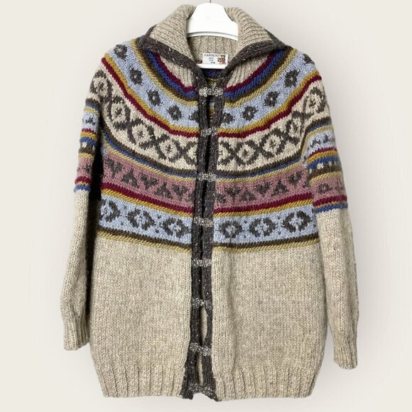 Hand Knit Mixed Stitch Wool Blend Fair Isle Print Cardigan - Picture 1 of 7